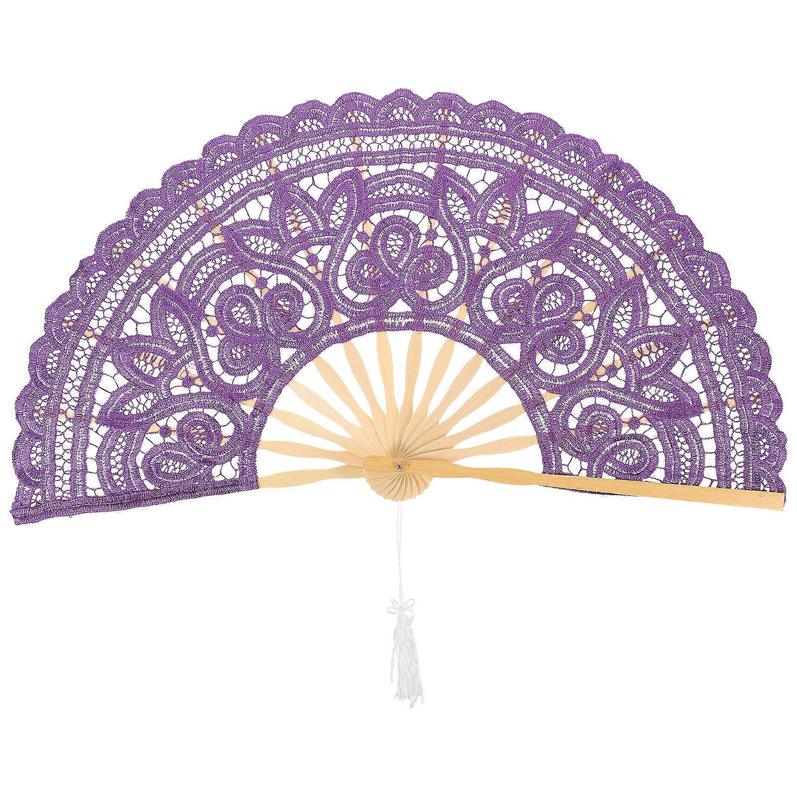 Elegant Lace Fan Bamboo Vintage Foldable Purple For Home Decorations Stage Show 1Pack