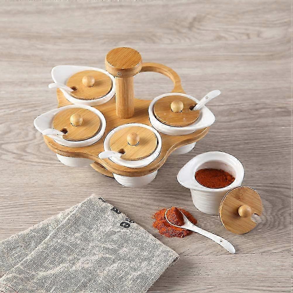 5 White Ceramic Spice Pots with Bamboo Lid & Spoon Holder