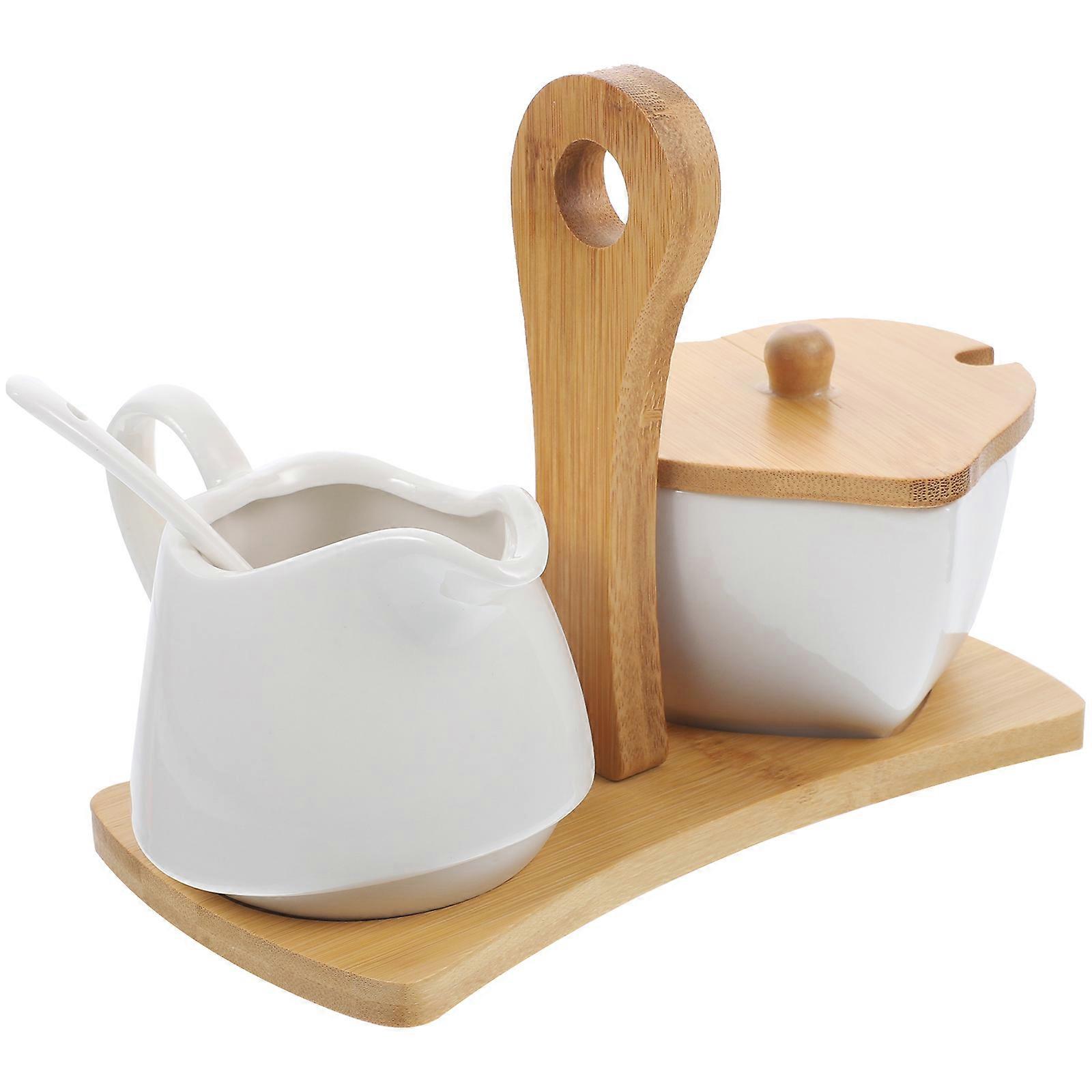 Ceramic Sugar and Creamer Set with Bamboo Tray Kitchen Decor Round Shape Practical 7.1×3.7×4.3in 1Set