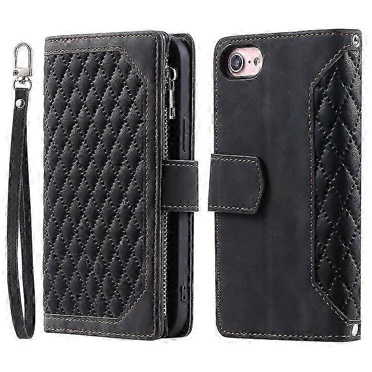 Compatible For iPhone 16e Case Rhombus Imprinted Zipper Wallet Leather Cover with Strap