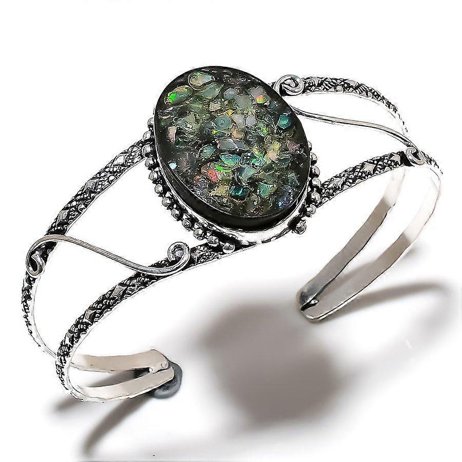 Natural Ethiopian Opal Gemstone 925 Sterling Silver Cuff Bangle Adjustable A4M96