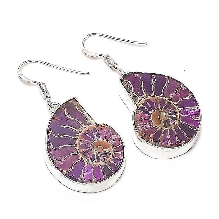 Natural Ammonite Fossil Gemstone 925 Sterling Silver Jewelry Earring 1.77" J6Y20