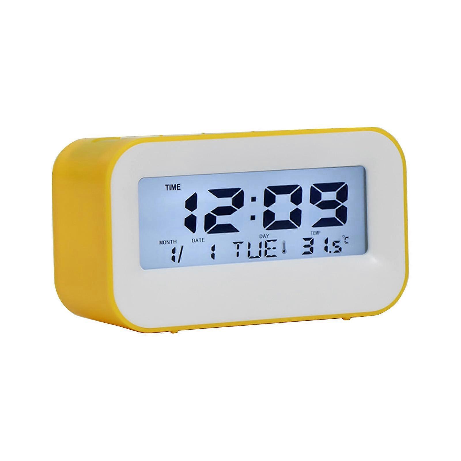 YingTaiLi Digital Alarm Clock for Bedroom - Plug-in with Large Display, Battery Backup, 6 Dimmers, 5 Alarm Volumes, Yellow