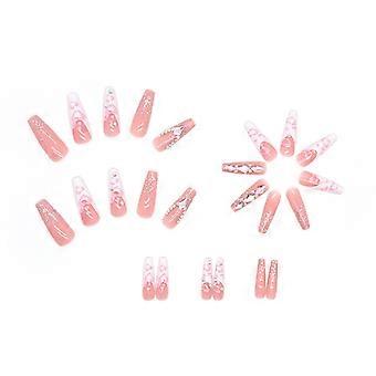 24 künstliche Fingernägel zum Aufkleben, French-Tip-Sargnägel, rosa Herz-Kunstnägel mit Strasssteinen und Glitzer, künstliche Acrylnägel für den Valentinstag