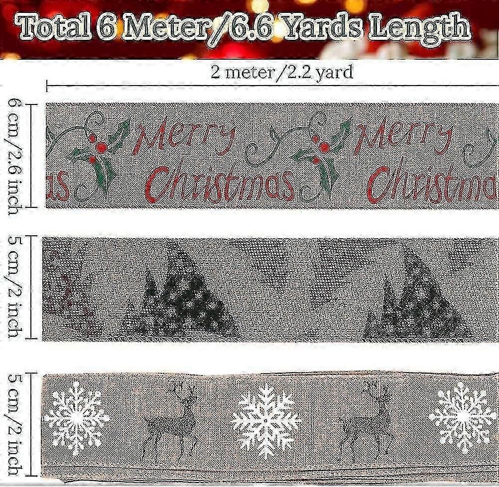 Christmas Burlap Ribbon for Gift Wrapping, 3Pcs Christmas Burlap Ribbon with Elk Tree Snowflake, Nat