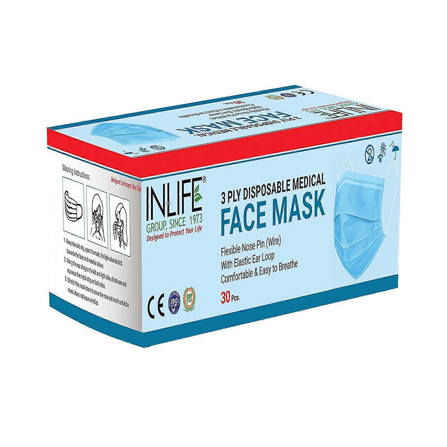 Трёхслойные нетканые одноразовые маски (30 шт), 3 Ply Non-Woven Disposable Masks,  INLIFE