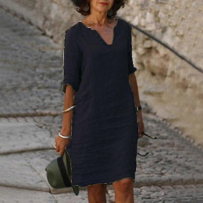 Robe mi-longue ample à manches courtes en coton et lin pour femme, couleur unie, col en V, taille 9