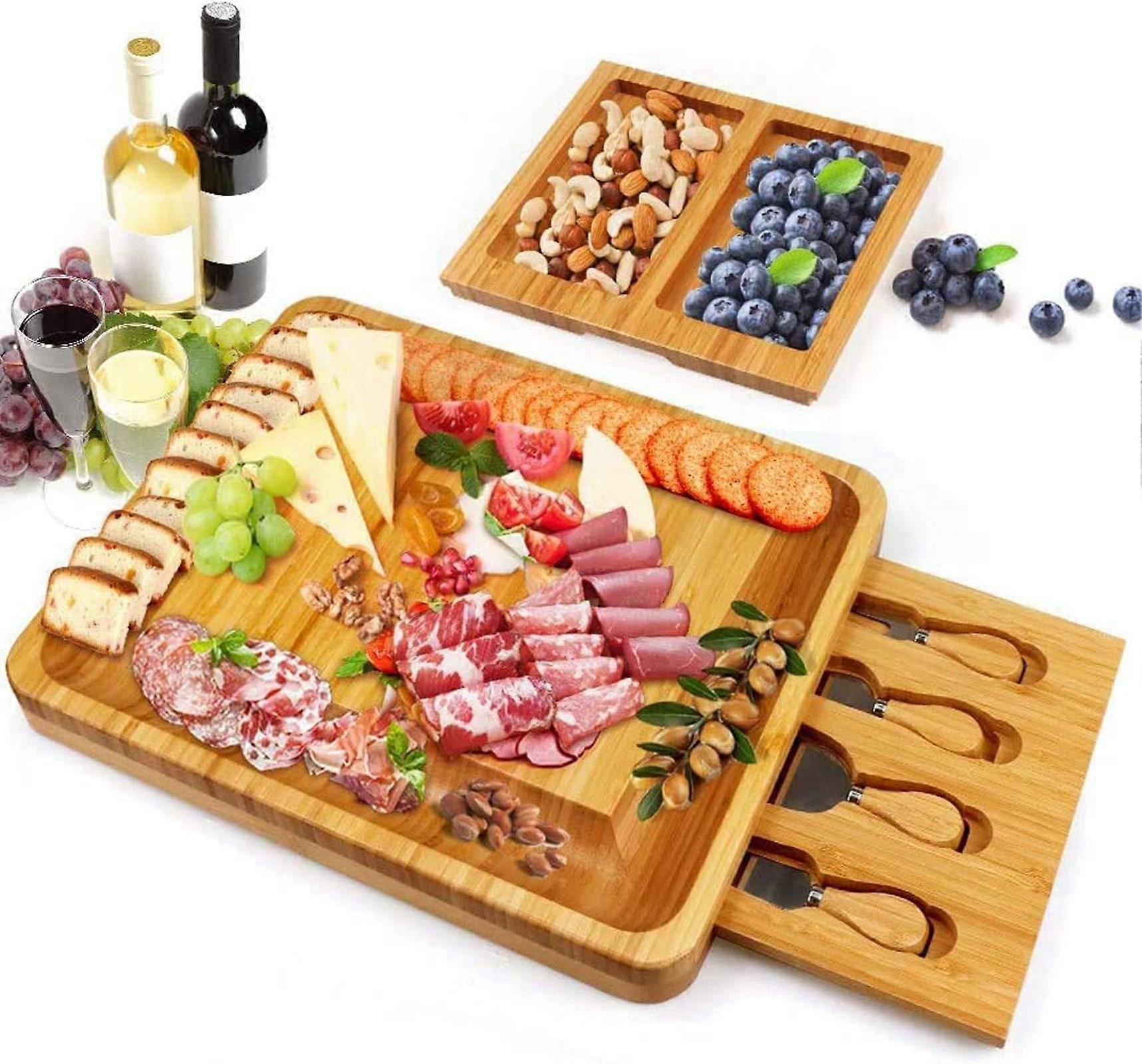 Bamboo Cheese Board and Knife Set with Hidden Drawer, Charcuterie Platter for Wine, Crackers, Brie, and Meat Gifts