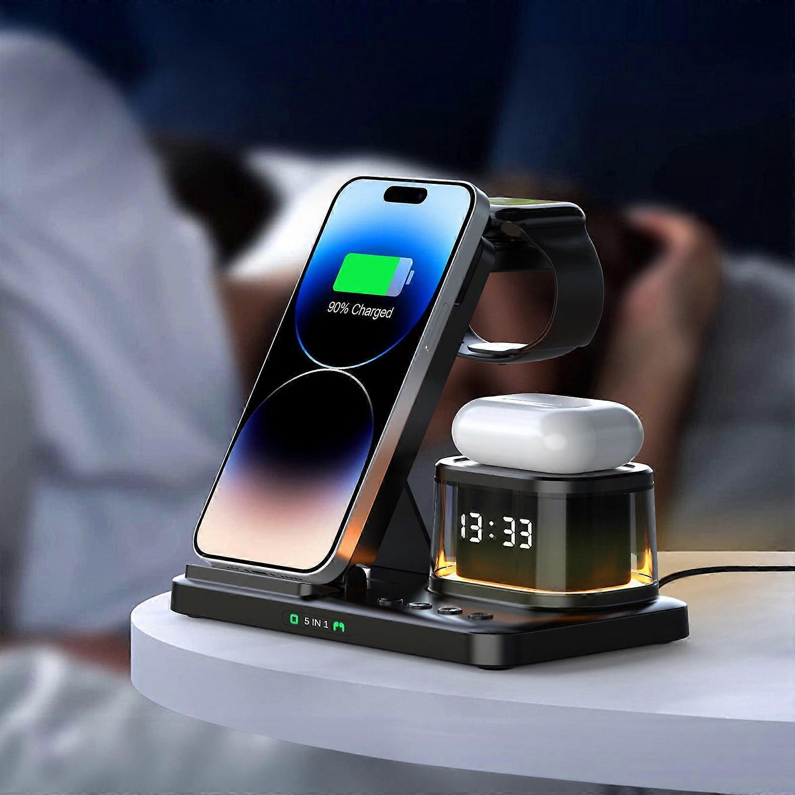 Wireless Charging Station with Digital Alarm Clock, 15W Fast Charge, Compatible with iOS & Android