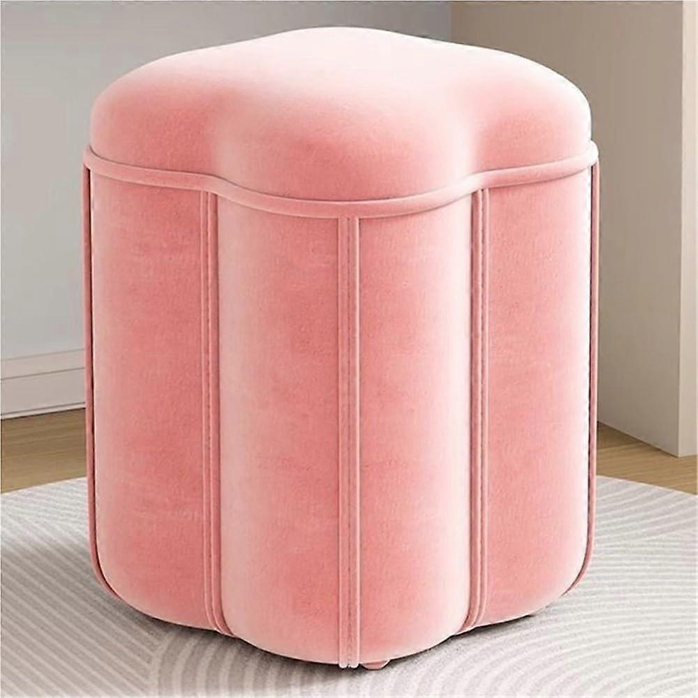 Pink Flannel Ottoman Stool with Solid Wood Frame, Stackable Foot Rest for Living Room or Bedroom