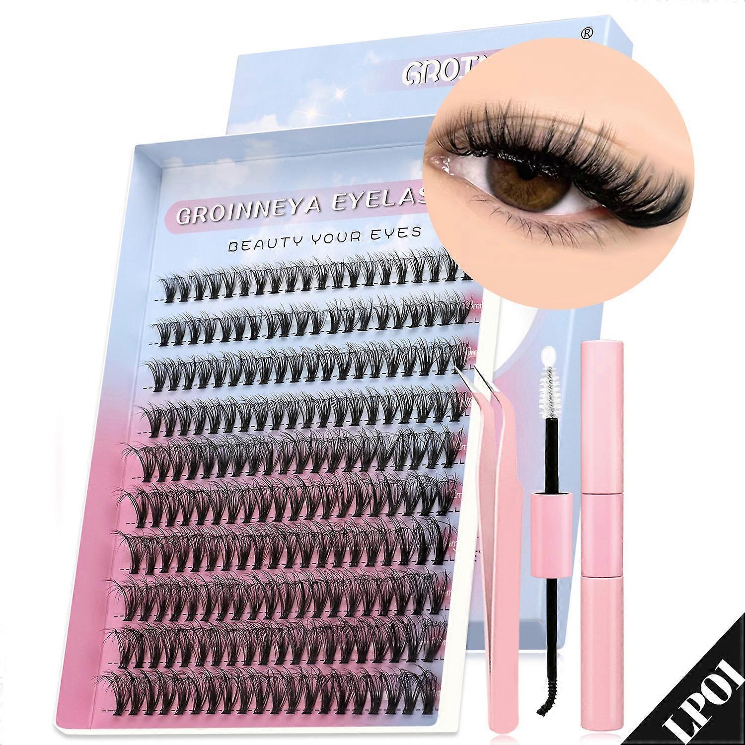 GROINNEYA DIY Cluster Lashes Set Different Length Lashes Extension Kit Fluffy Individual Eyelash With Lash Bond And Seal Makeup