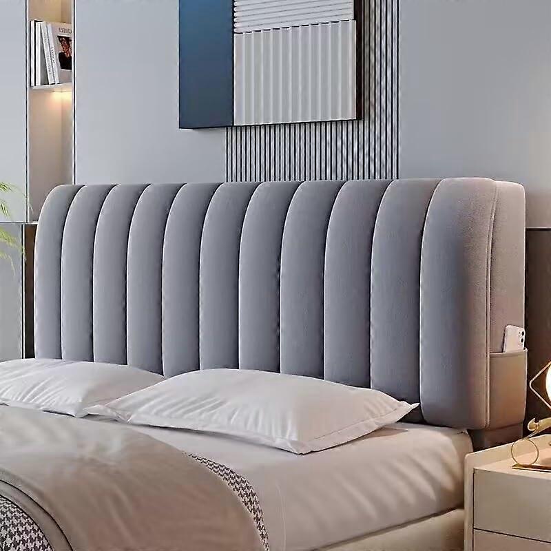 Headboard Cover Queen Size Stretch Velvet Dustproof Upholstered Protector with Side Pockets