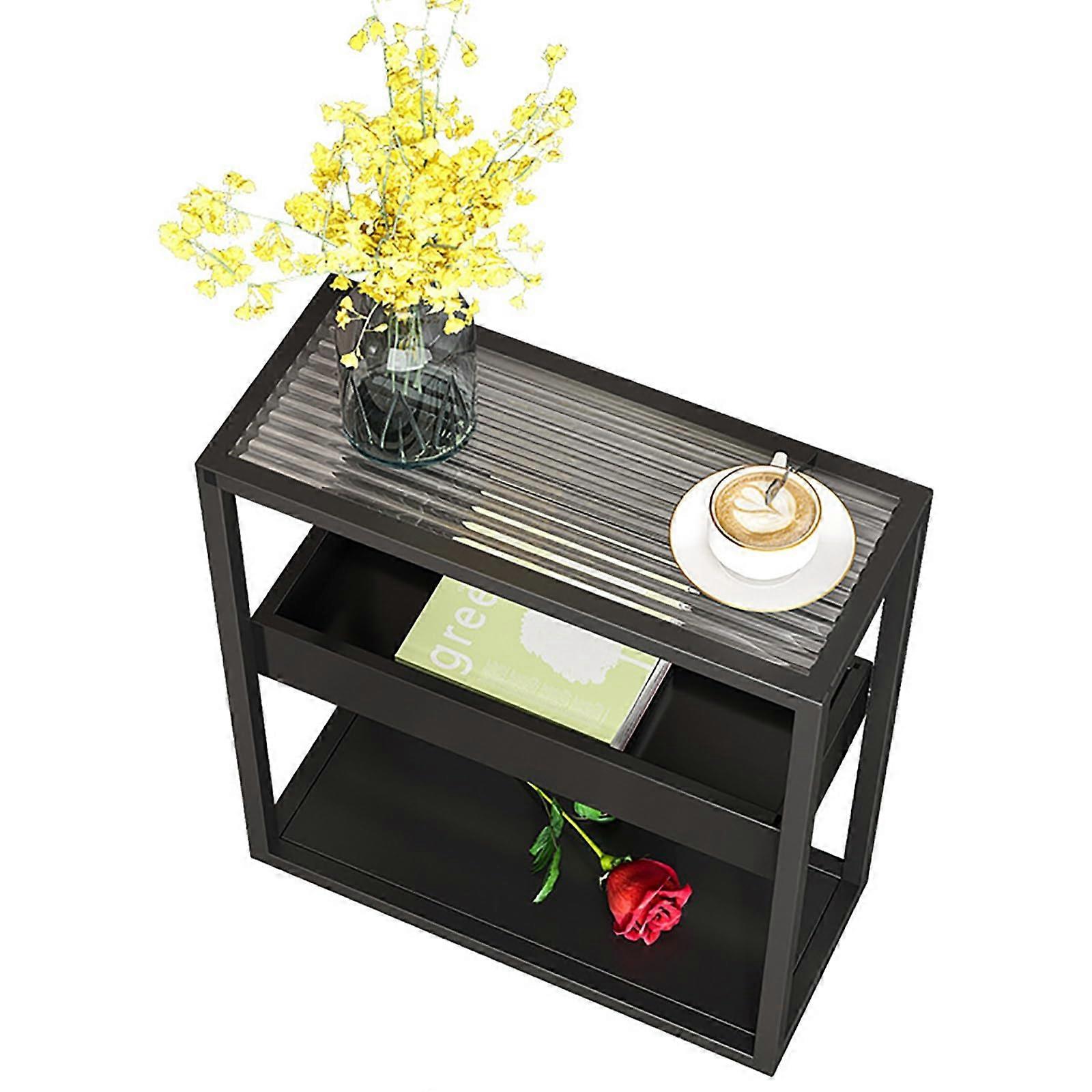 Black Glass Nightstand with Durable Metal Frame, 3Tier Storage, SpaceSaving Bedside Table 20CM