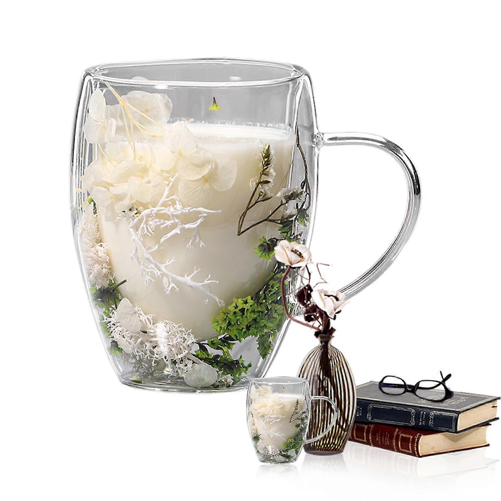 350ml Flower Design Double Wall Glass Coffee Mug with Handle, Insulated Cup for Hot and Cold Drinks