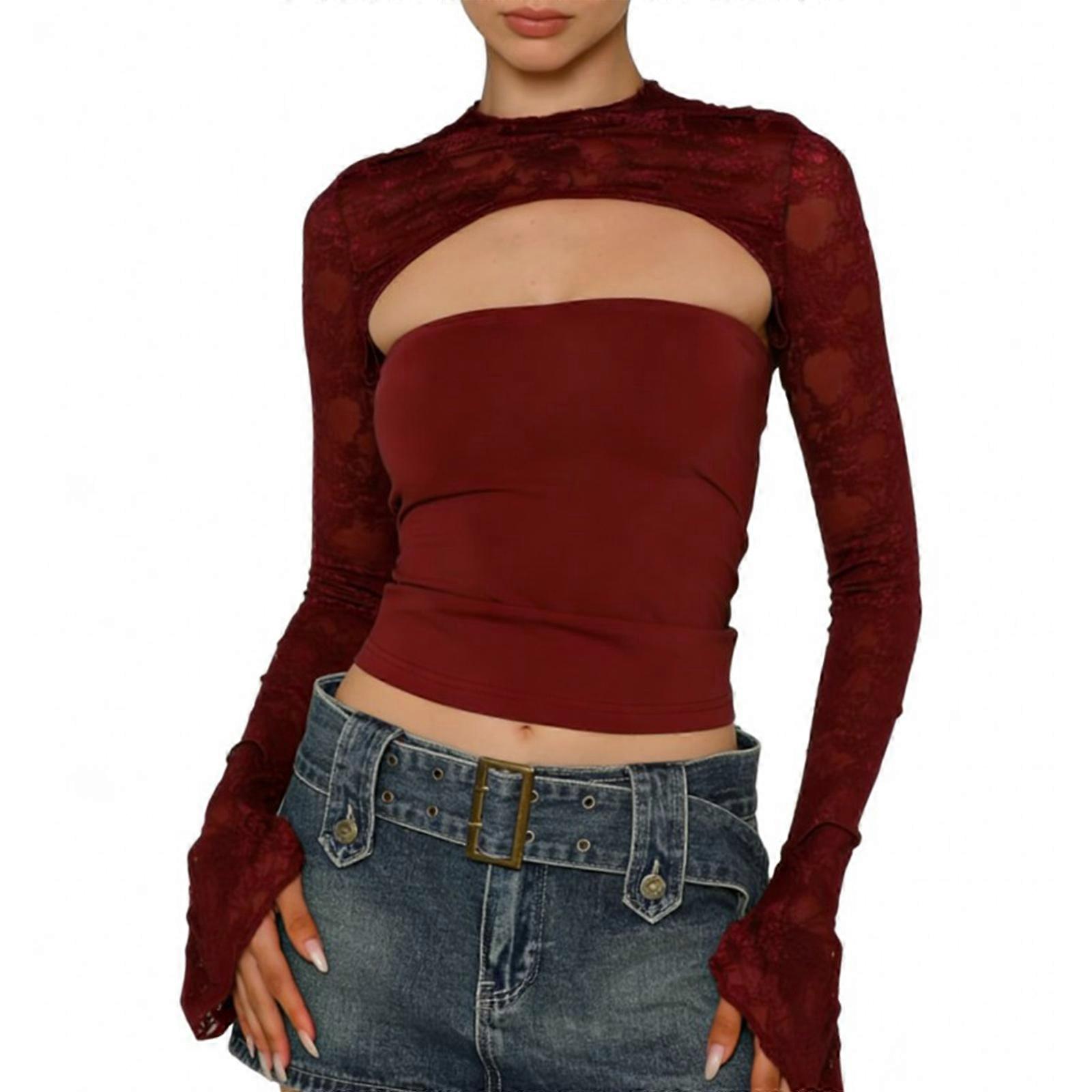 T-shirt court à manches longues évasées en dentelle florale transparente pour femme, col montant, coupe ajustée, bordeaux, taille S