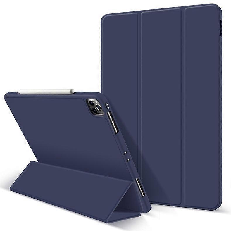 Capa elegante para iPad Pro de 10,5 polegadas, azul marinho, com fecho magnético e três dobras em couro.
