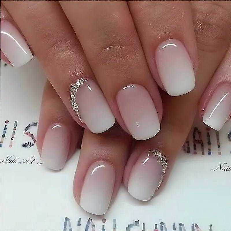 French Press On Nails Set Pink and White Gradient Short Square with Glue Multiple Sizes