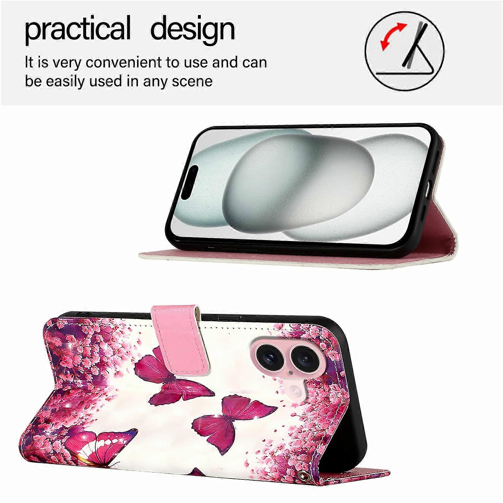 For iPhone 16 Leather Case Pattern Printing Wallet Stand Mobile Cover with Strap