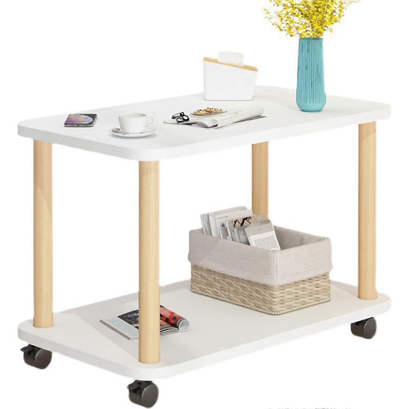 Rectangular End Table with 2-Tier Storage Shelf, Wooden Side Table with Wheels, Small Coffee Table