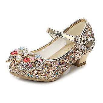 Girls Dress Shoes Wedding Party Heel Mary Jane Princess Flower Shoes Gold 6-6 Years