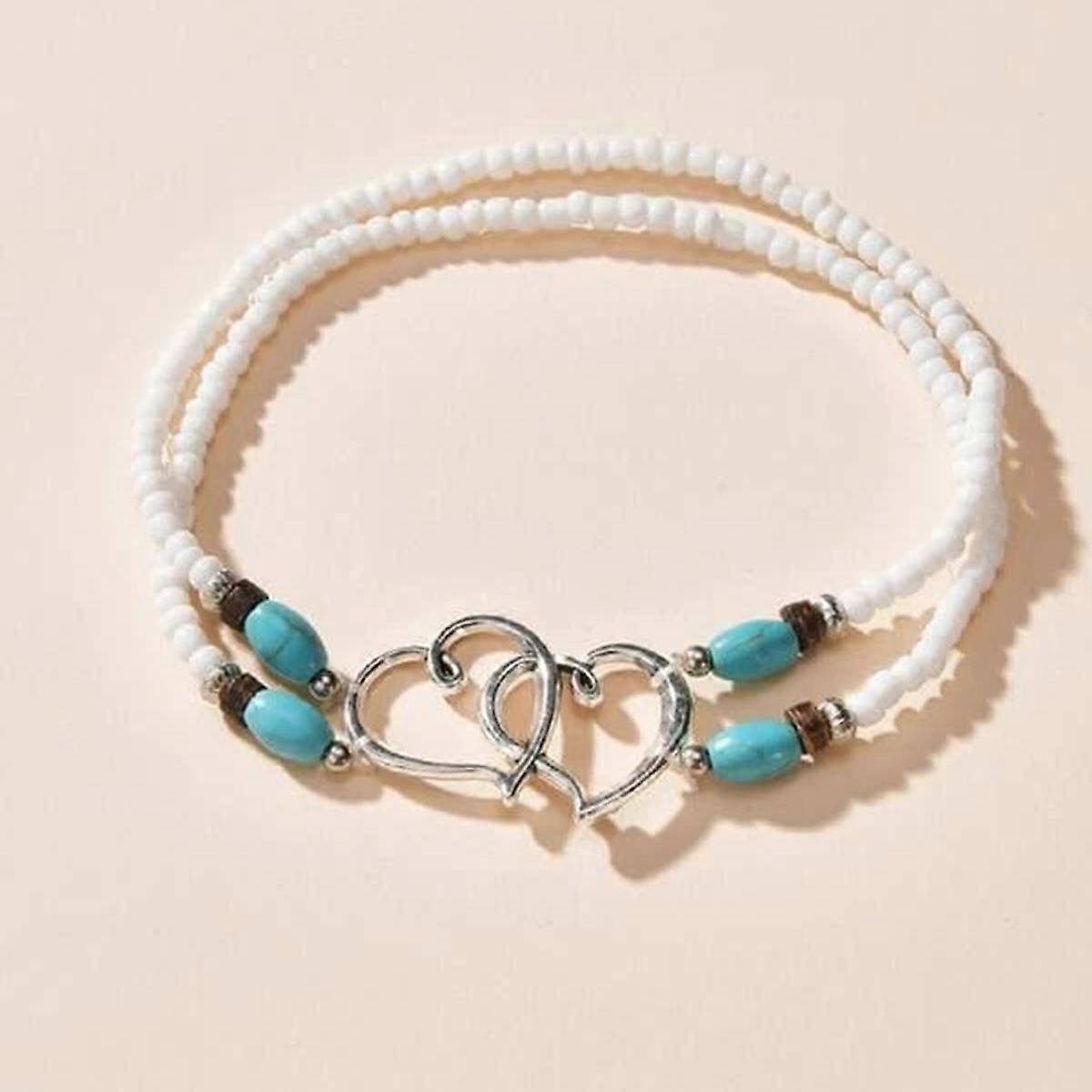 Double Heart Alloy Glass Bead Stackable Anklet For Beach Wear