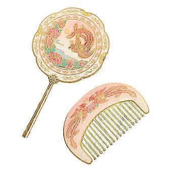 Retro Handheld Makeup Mirror Set with Embossed Flower and Bird Pattern