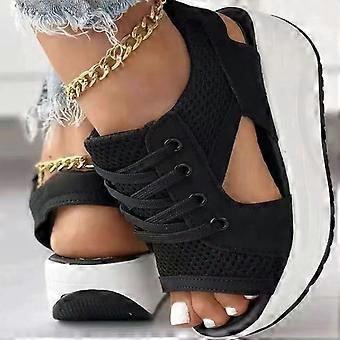 Ladies Lace-up Muffin Sandals Contrast Paneled Cutout Heeled Sandals Flip Flops compatible with Casual Wear Summer Dressy Party