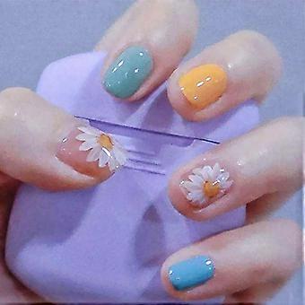 Press On Nails Kit Korta Fyrkantiga Daisy Design Återanvändbara Lösnaglar med Lim 24 ST Akryl