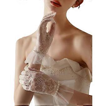 Short Lace Mesh Gloves Tulle Border with Pearls Wedding Opera Tea Party Gloves for Women Formal Ivory One Size