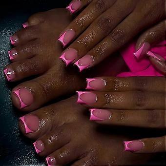 48Pcs Pink French Tip Press on Nails and Toenails Set Medium Square Nude Glossy Reusable Fake Acrylic Nails Kit for Women Manicure Pedicure