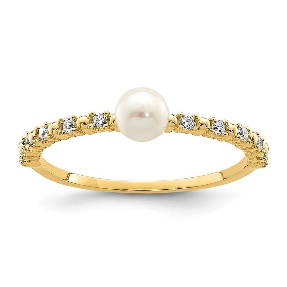 14k Solid Gold 3 4mm White Button Freshwater Cultured Pearl Cubic Zirconia Ring Size 4 Band Style-Ring for Women