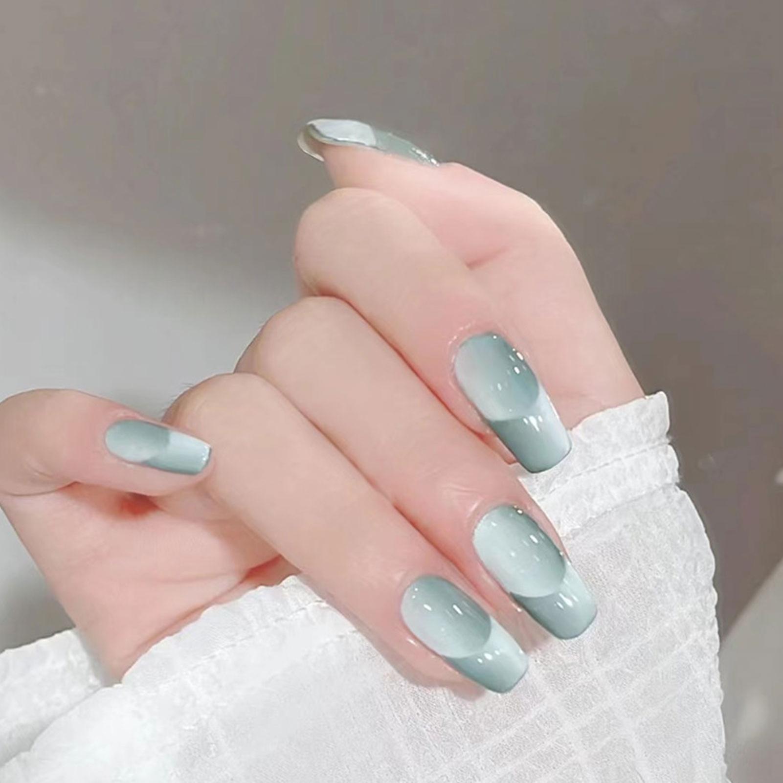 Blue Trapezoid False Nails With Com