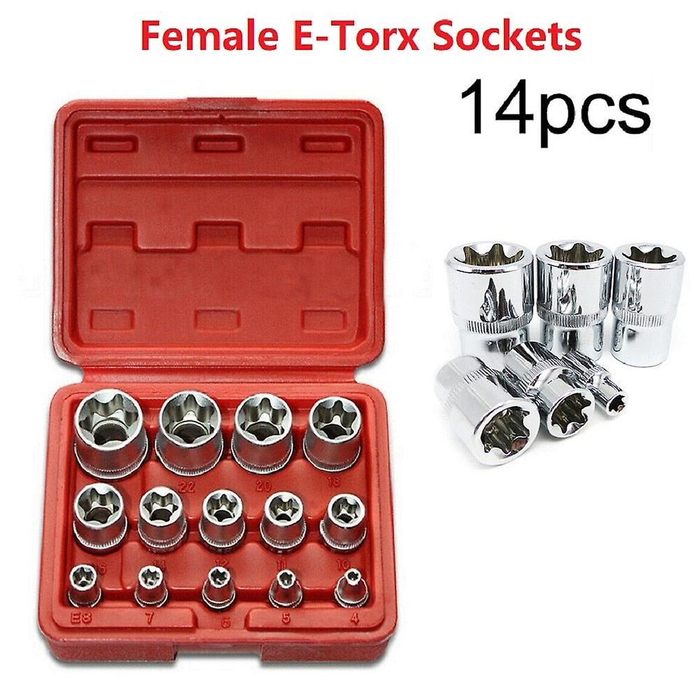 14Pcs E Torx Star Female Bit Socket Set Hand Tool Kit 1/2'' 3/8'' 1/4'' Drive E4-e24 Repair Tool