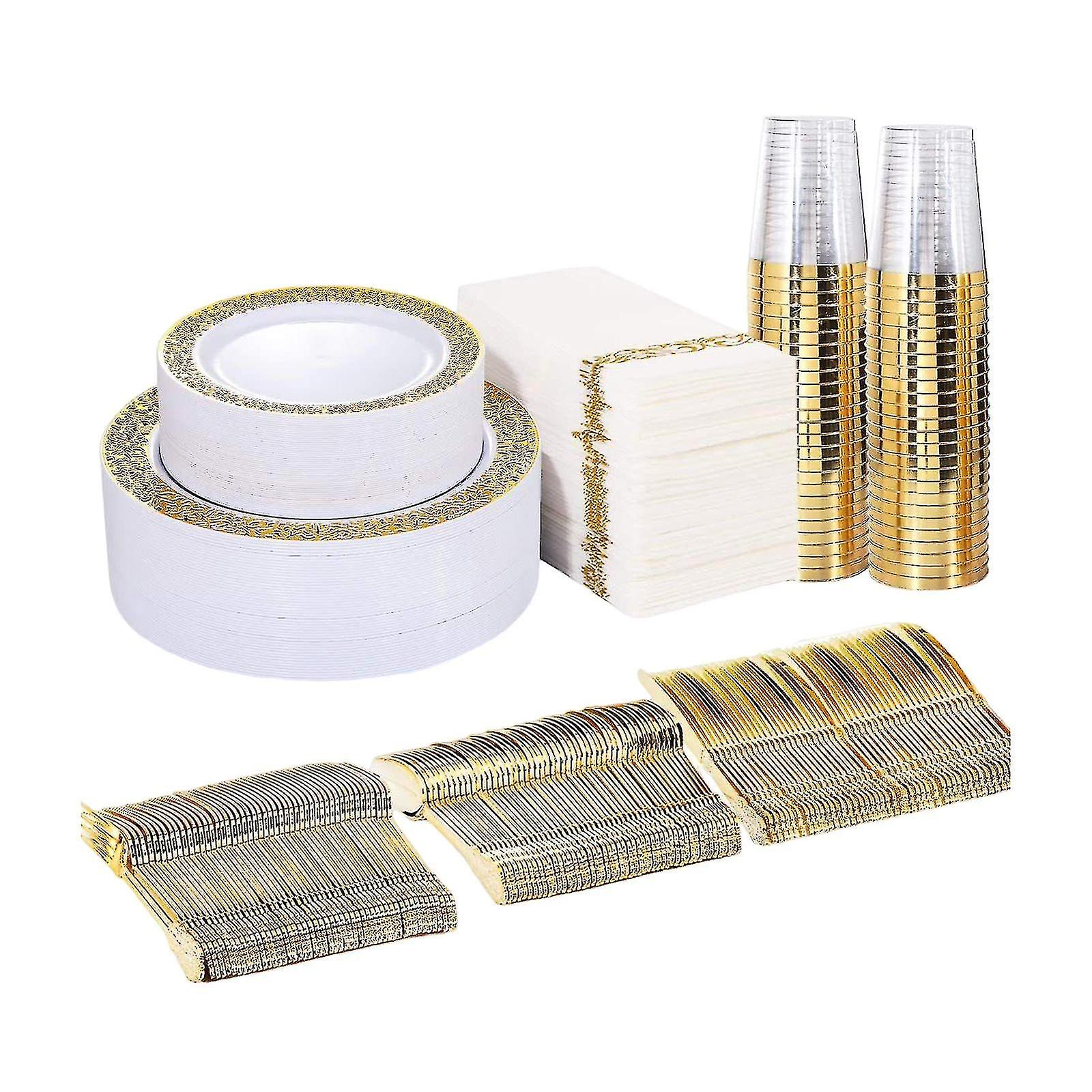 175x Disposable Tableware Plastic Plate For Catering Wedding Gold Rim