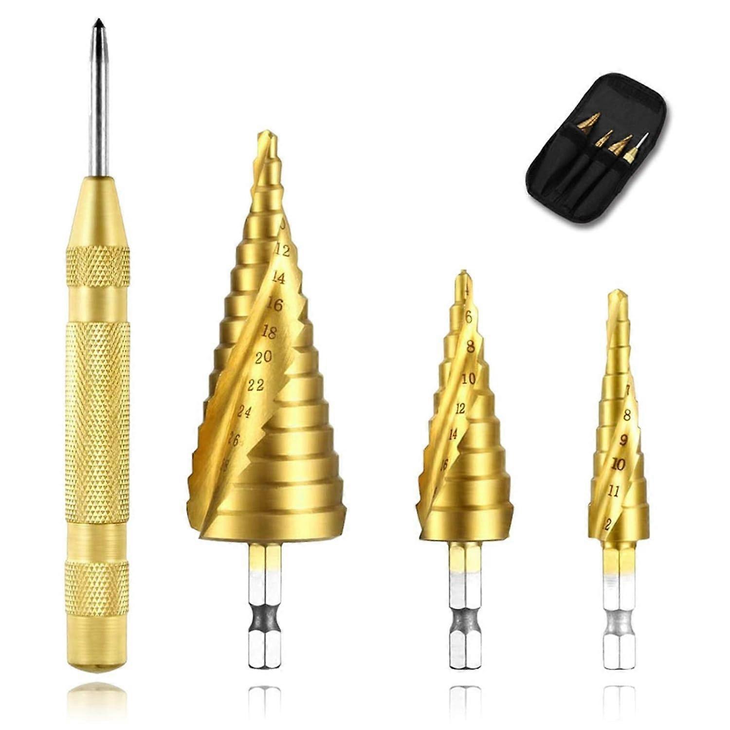 HSS Titanium-Coated Spiral Groove Step Drill 4-Piece Set with Automatic Center Punch, 1/4" Hexagon Shank Drill Bit