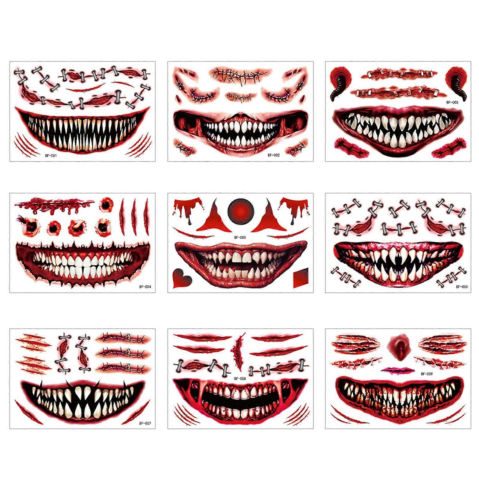 9 Sheets Halloween Temporary Face Tattoos Stickers Masquerade Cosplay Party Face Decals Horror Makeup Face Sticker for Adults Kids