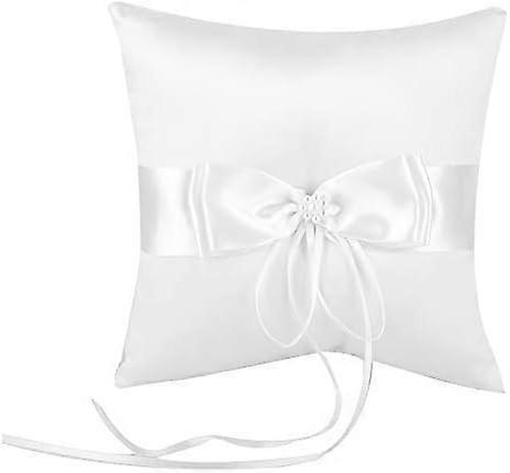 Gifteringspute, elfenbenshvit satengsløyfe-ringbærerpute med simulert perle