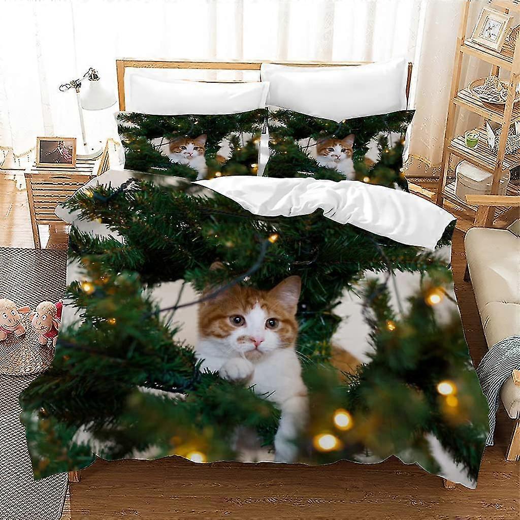 Bedding Double Bed Set Christmas Tree Cat Double Duvet Covers Set With Zipper Closure - Include 1 Duvet Cover 200x200 Cm And 2 Pillowcases 50x75cm, So