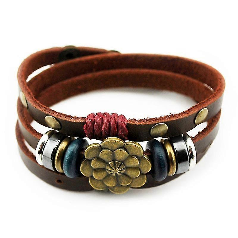 Ethnic Style Multilayer Leather Personality Hematite Lotus Flower Snap Button Wrap Bracelet(Brown)