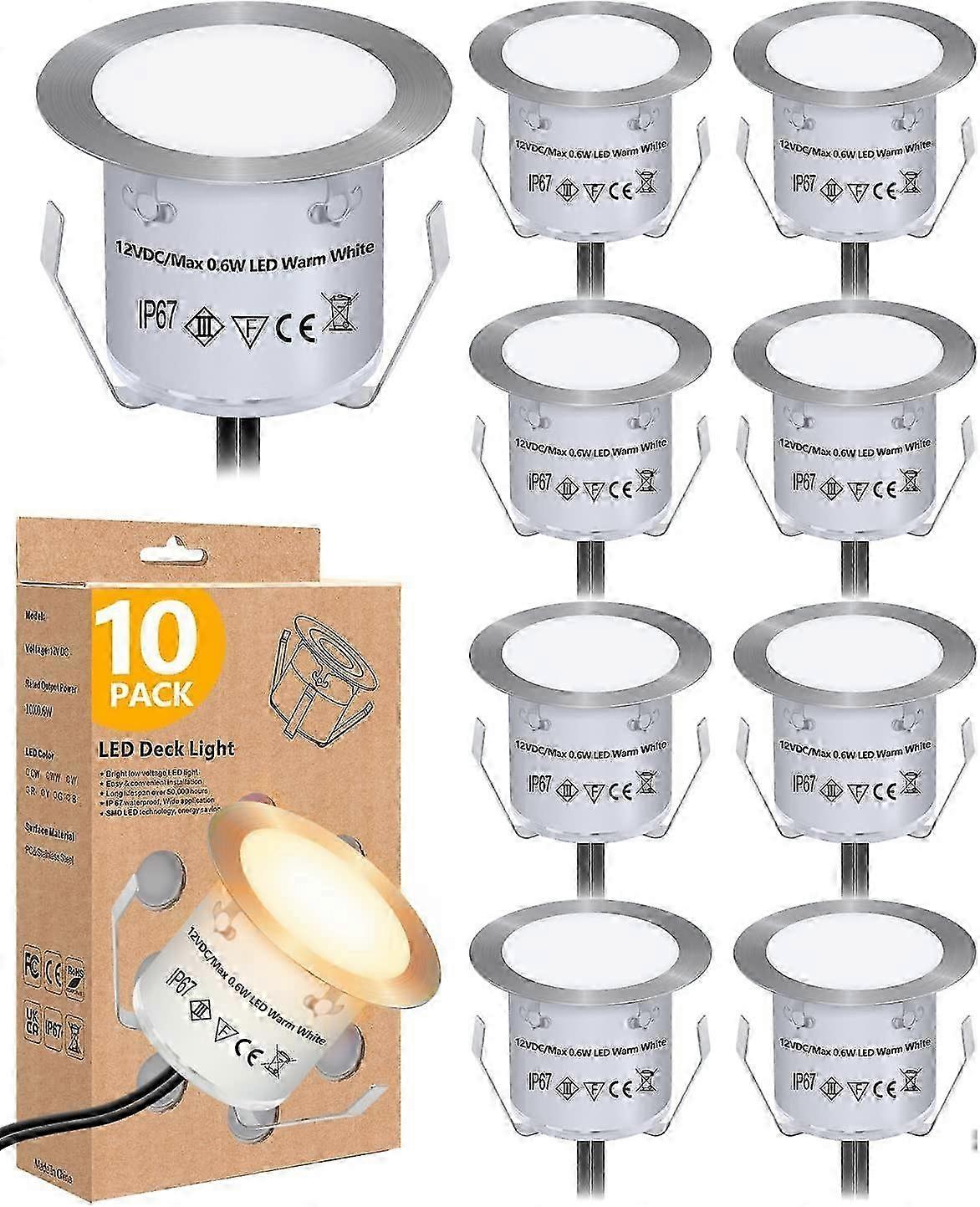 埋め込み式LEDデッキライトキット(10個入り)、12V低電圧ランドスケープ照明、IP67防水屋外ステップライト、庭用温かみのある白いデッキ照明、