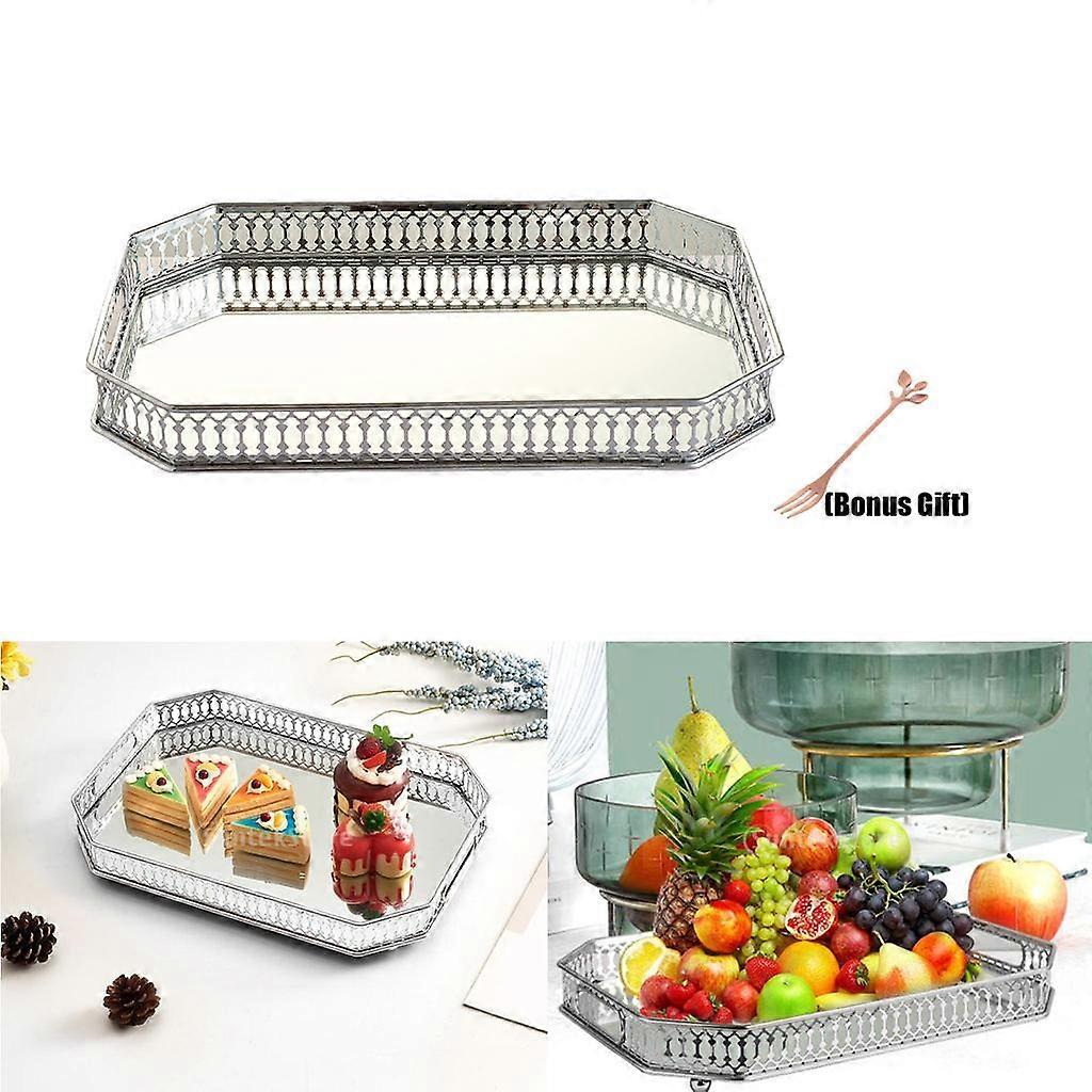 Silver Mirror Table Centrepiece Serving Tray Decorative Plate with Fork