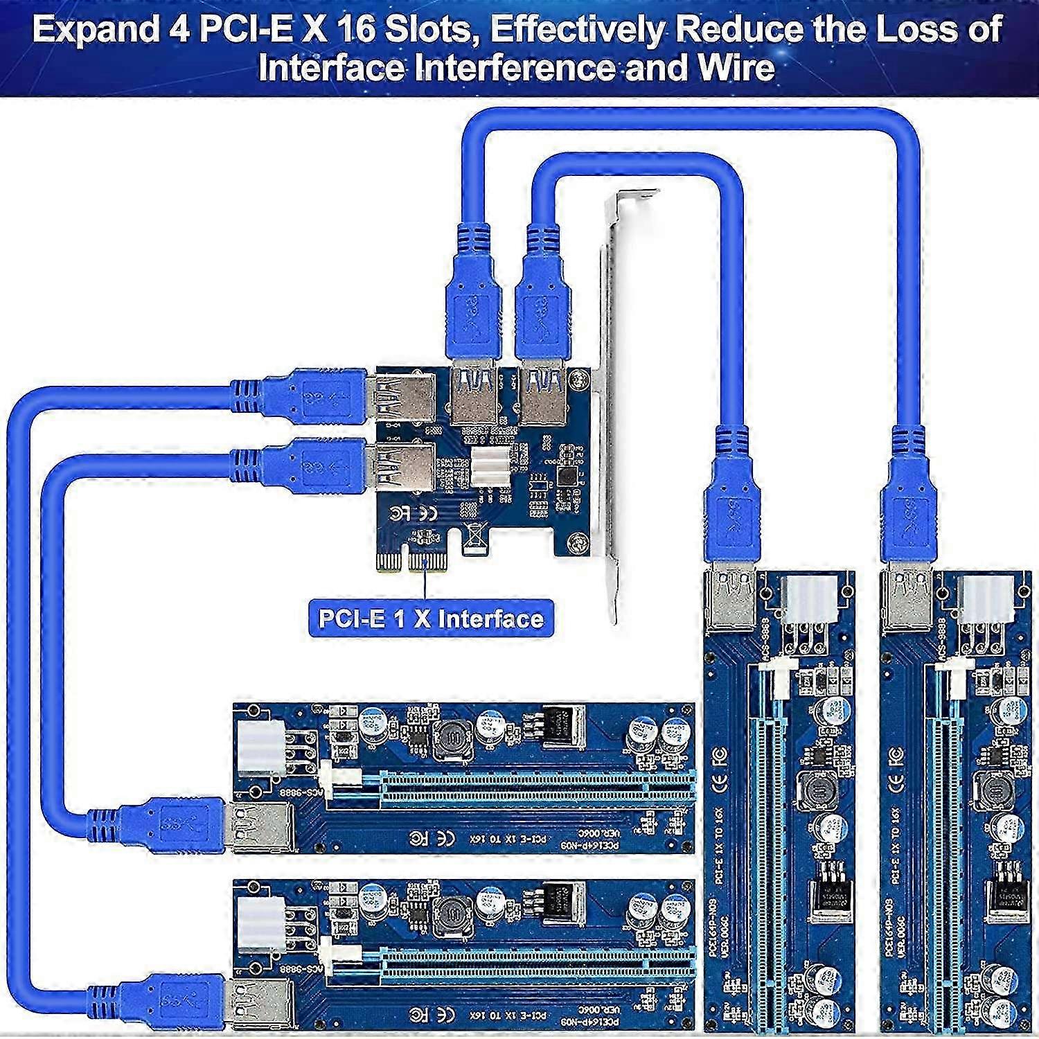 PCIE 1 to 4 Adapter Riser Card, PCIE Splitter 1 to 4 Riser Card, PCIE 1X to 4X, 4 in 1 PCI-E Riser