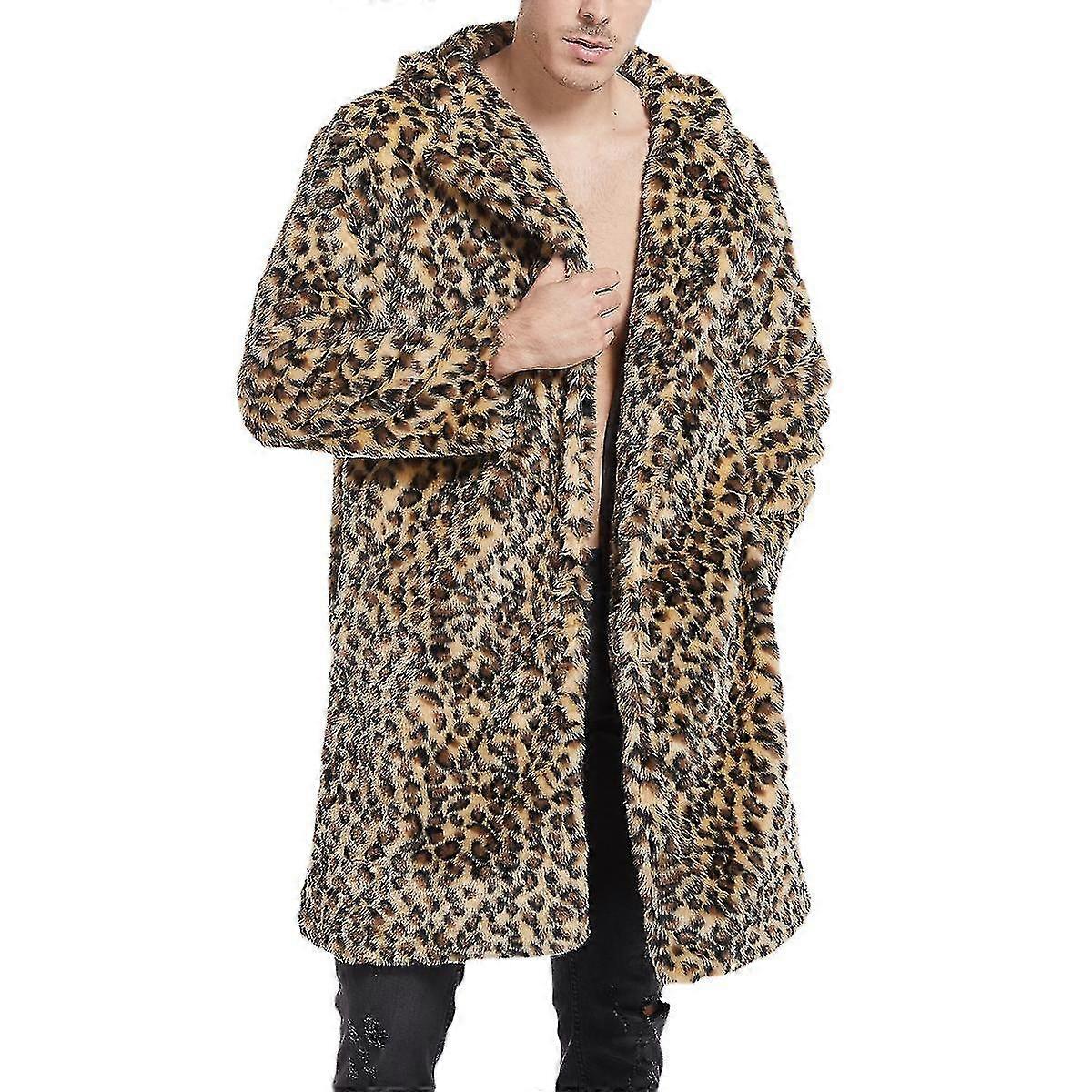 Men's Leopard Print Plush Mid-Length Straight Coat