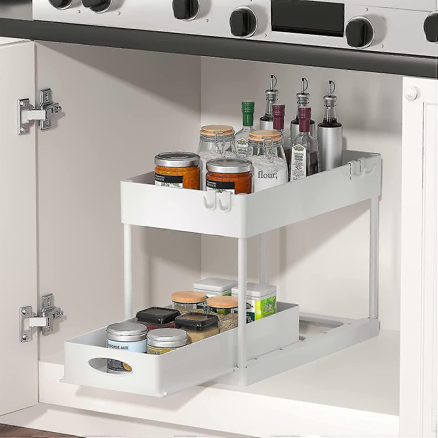 2 Tier Pull Out Under Sink Organizer Roll Out Shelf Hooks
