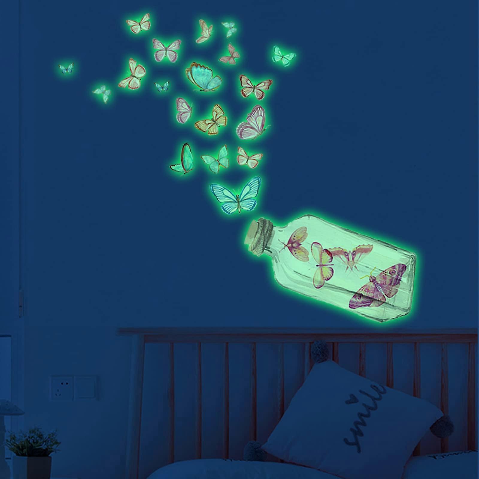 Wall Stickers for bedrooms Glass Bottle and Colorful Glow in The Dark Butterfly Wall Sticker Peel and Stick Wall Art