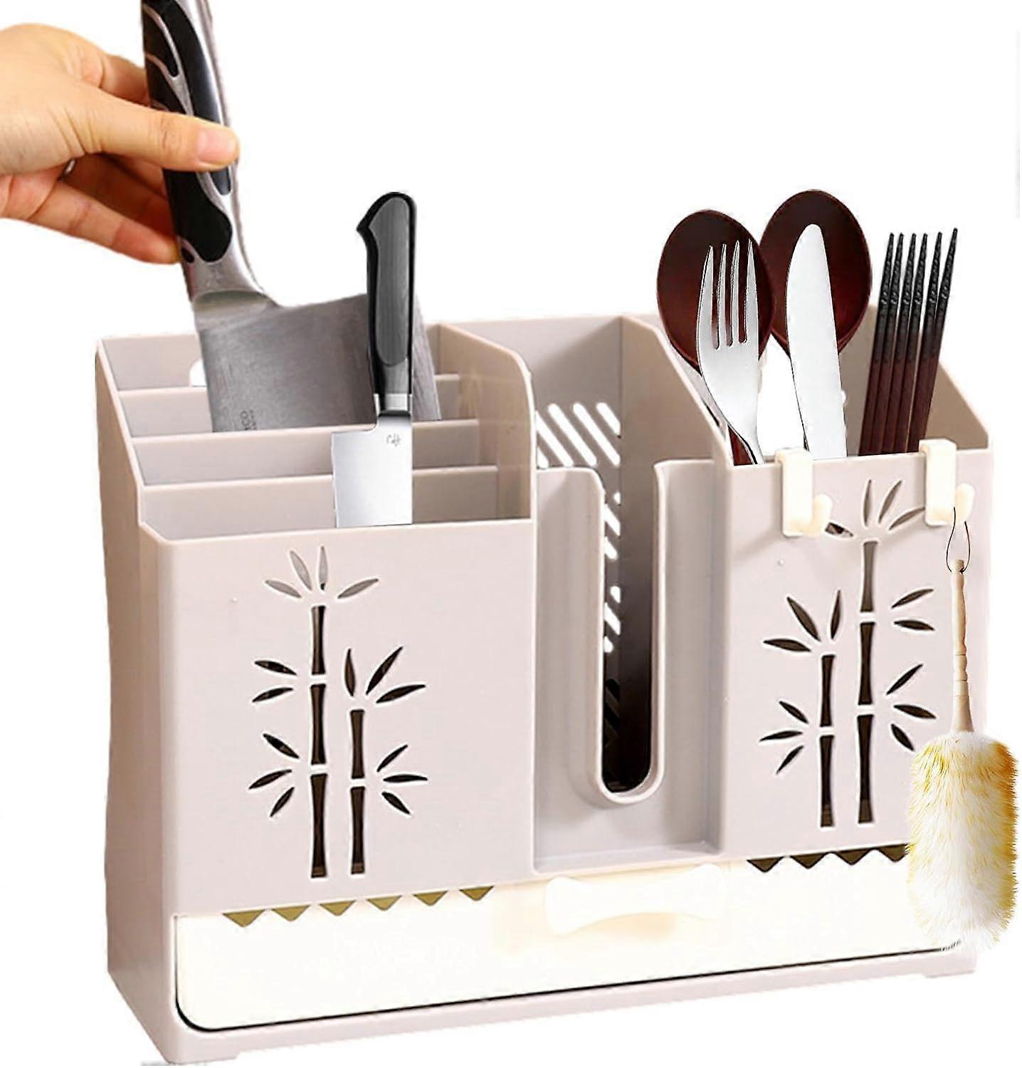 Countertop silverware rack, cutlery divider storage box, storage basket rack with hooks, kitchen silverware drainer, spoon knife container