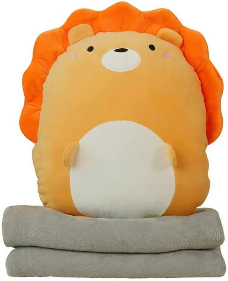 Travel Blanket and Pillow, Soft Plush Dinosaur Hugging Pillow Cute Anime Cushion Stuffed Animal Doll Toy with Coral Fleece Blanket, Lion