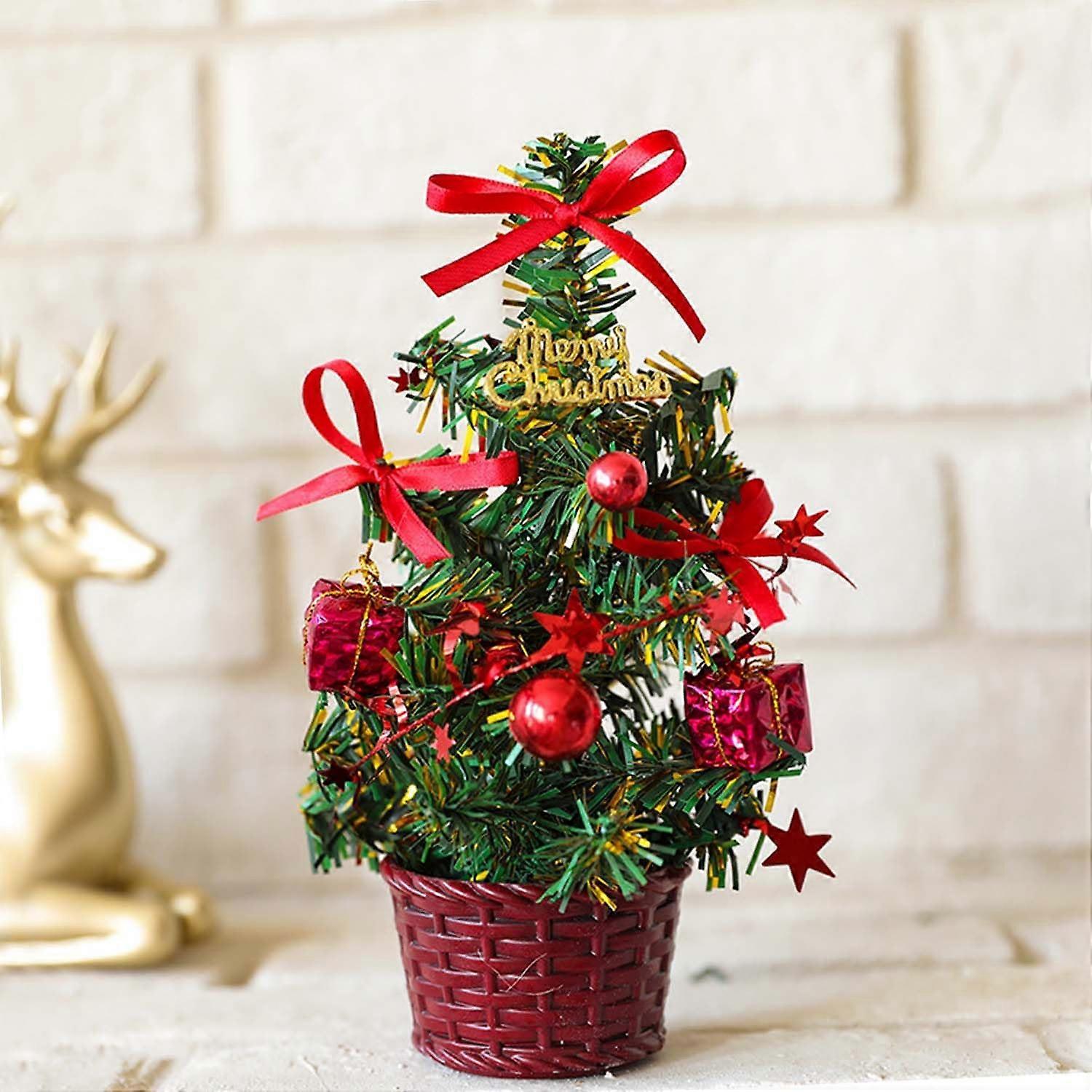 Mini Christmas Tree 8 Inch Table Top Christmas Trees Artificial Tiny Miniature Christmas Tree Snow Bow Snowflake Green Fake Trees for Xmas Indoor Tabl