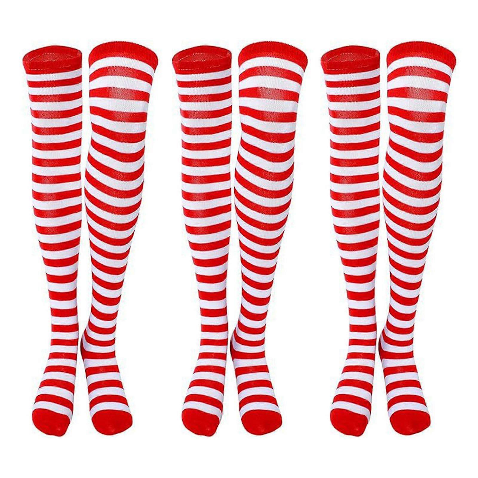 3 Pairs Striped Stockings Green White Contrast Color High Elasticity Anti-slip Over Knee Length Soft Breathable Holiday Christmas Stage Performance Pa