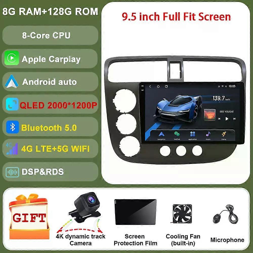 For Honda Civic 2001 - 2006 8g+256g Android Head Unit Car Radio Gps Navigation Multimedia Video Player Ips Screen Rear Camera